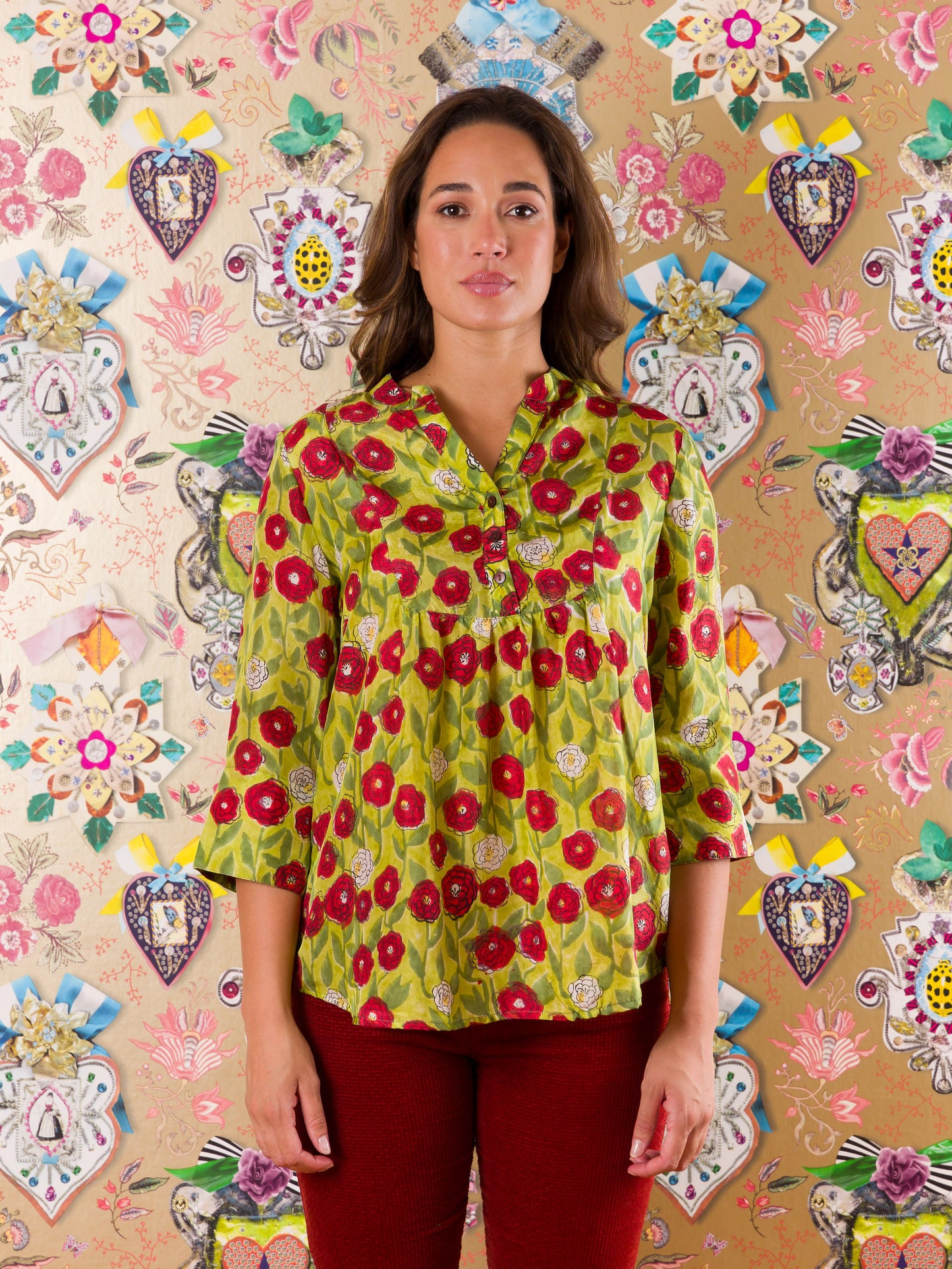 Camicia Arniston con pistagna in seta con rose Doris