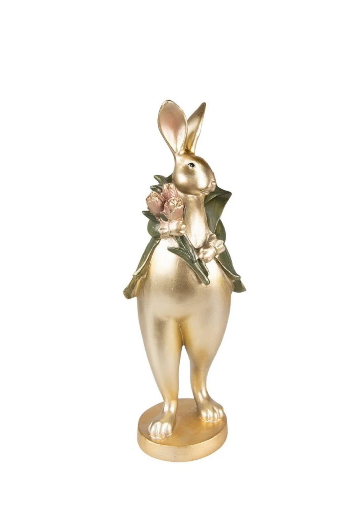 Statua coniglietto oro con giacca verde