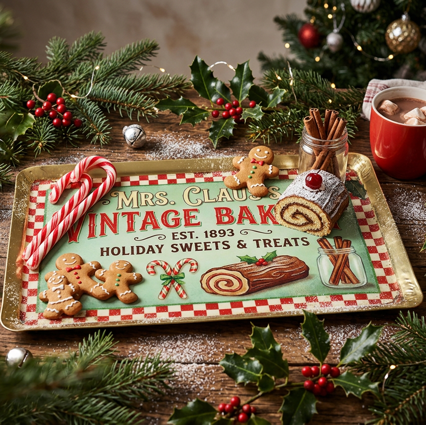 Vassoio Natalizio “Mrs. Claus’s Vintage Bakery” in Ferro, 26x16 cm