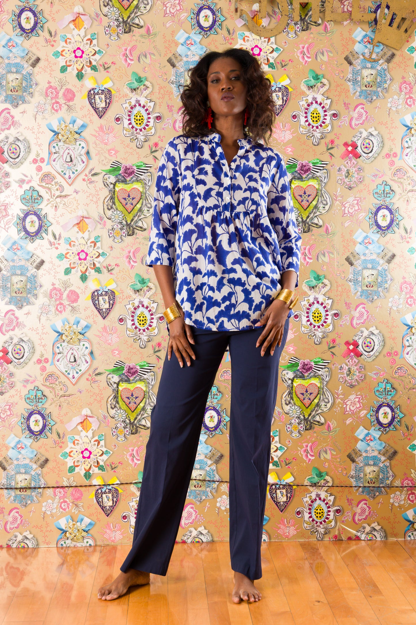 3-button shirt in Poppy Orange printed silk