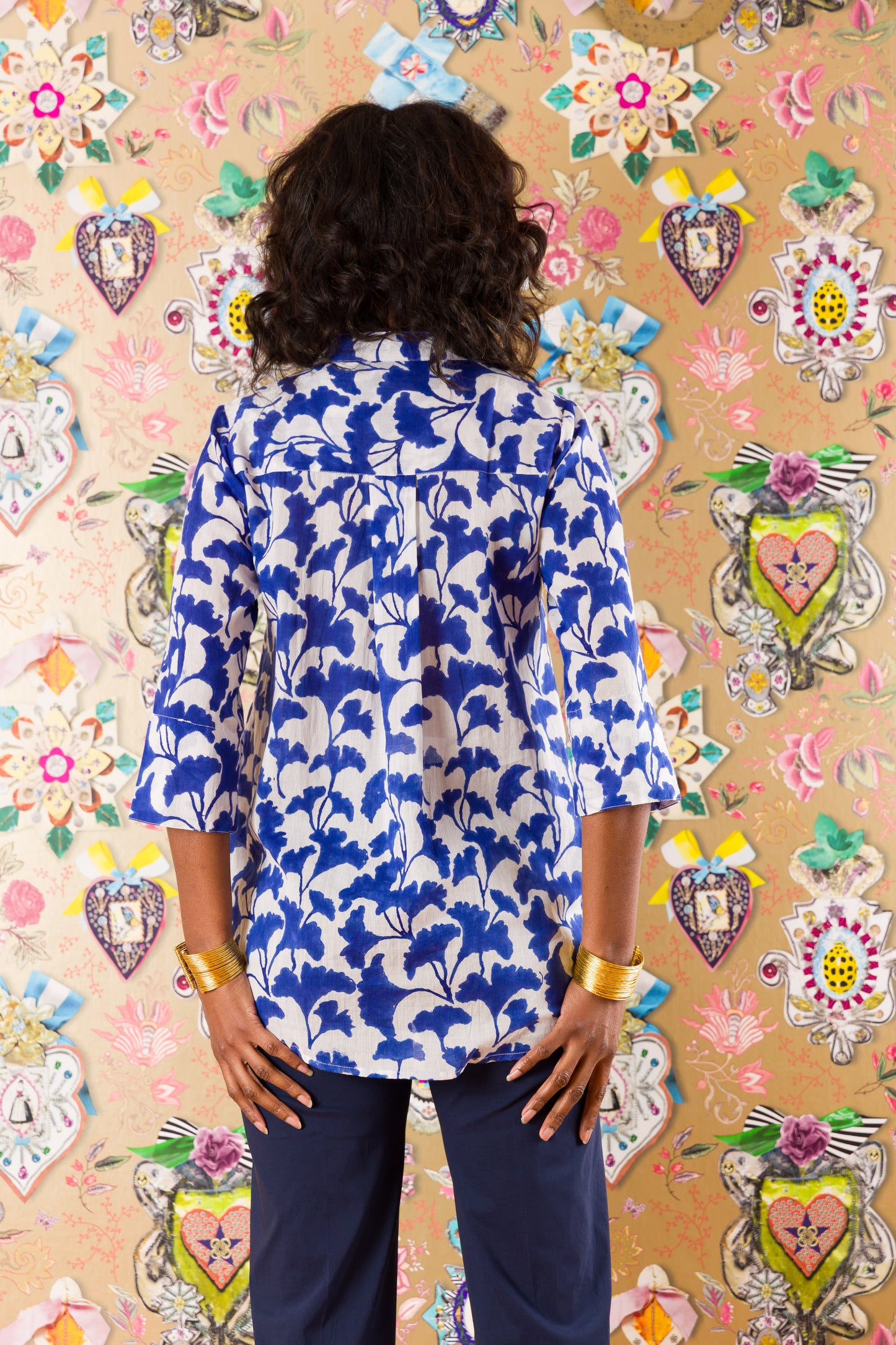 3-button shirt in Poppy Orange printed silk