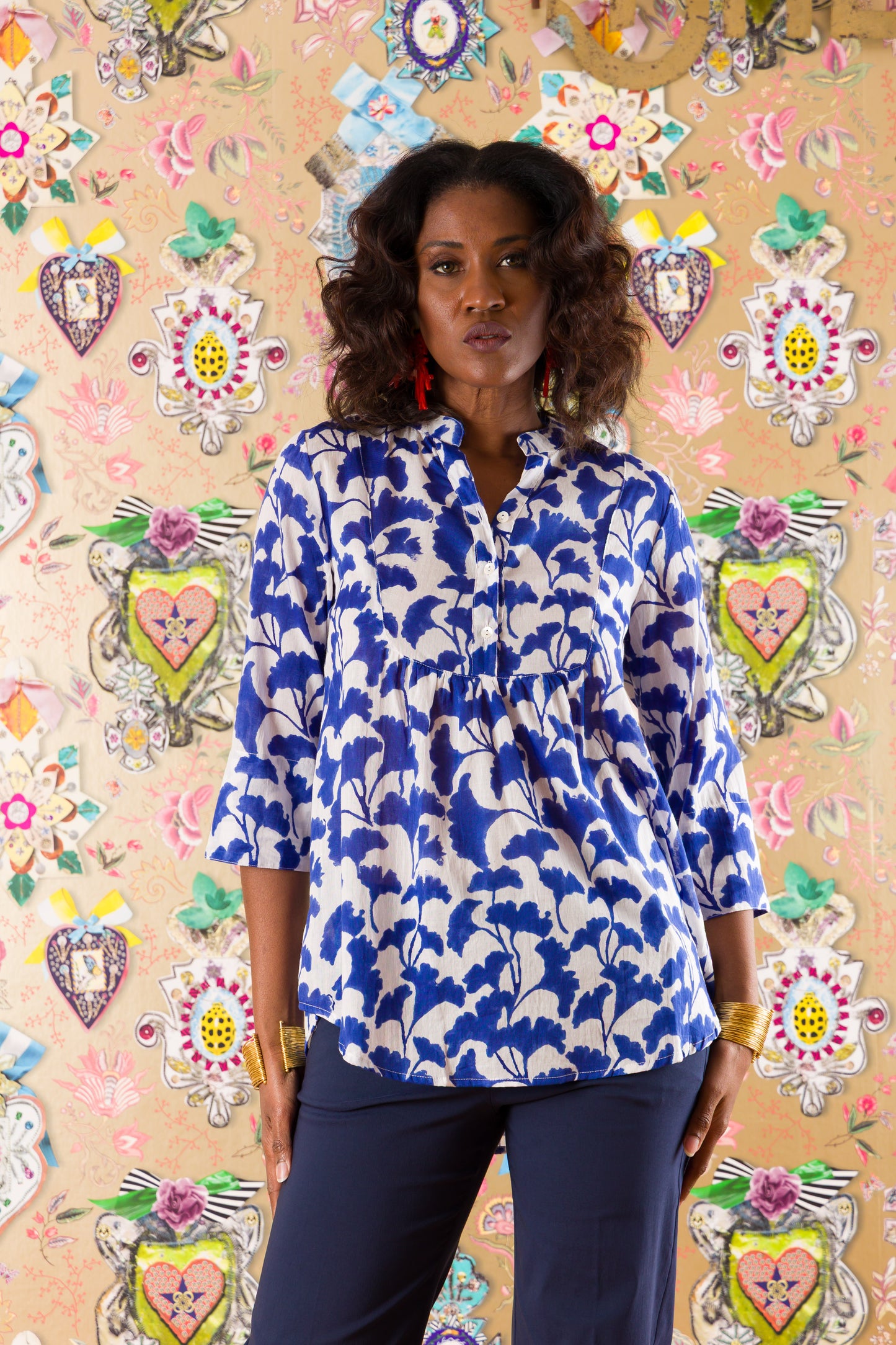 3-button shirt in Poppy Orange printed silk