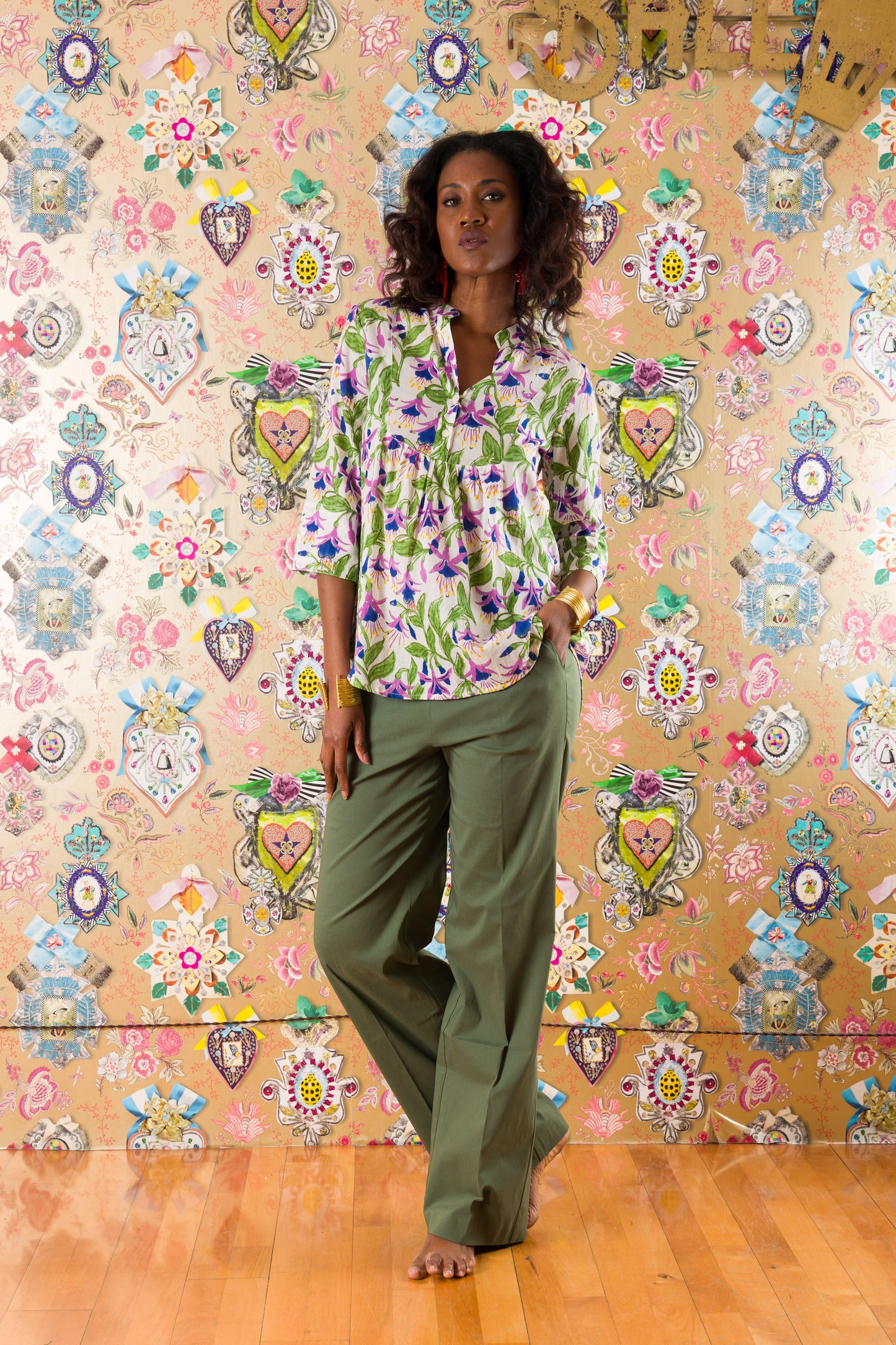 3-button shirt in Poppy Orange printed silk