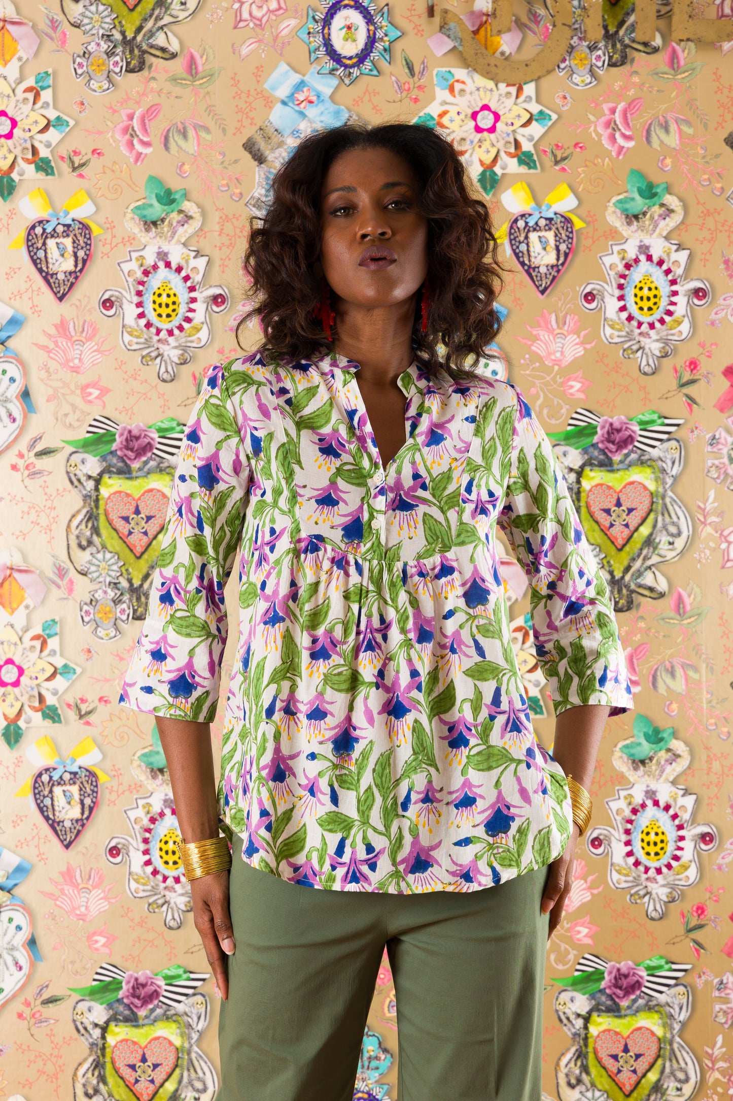 3-button shirt in Poppy Orange printed silk