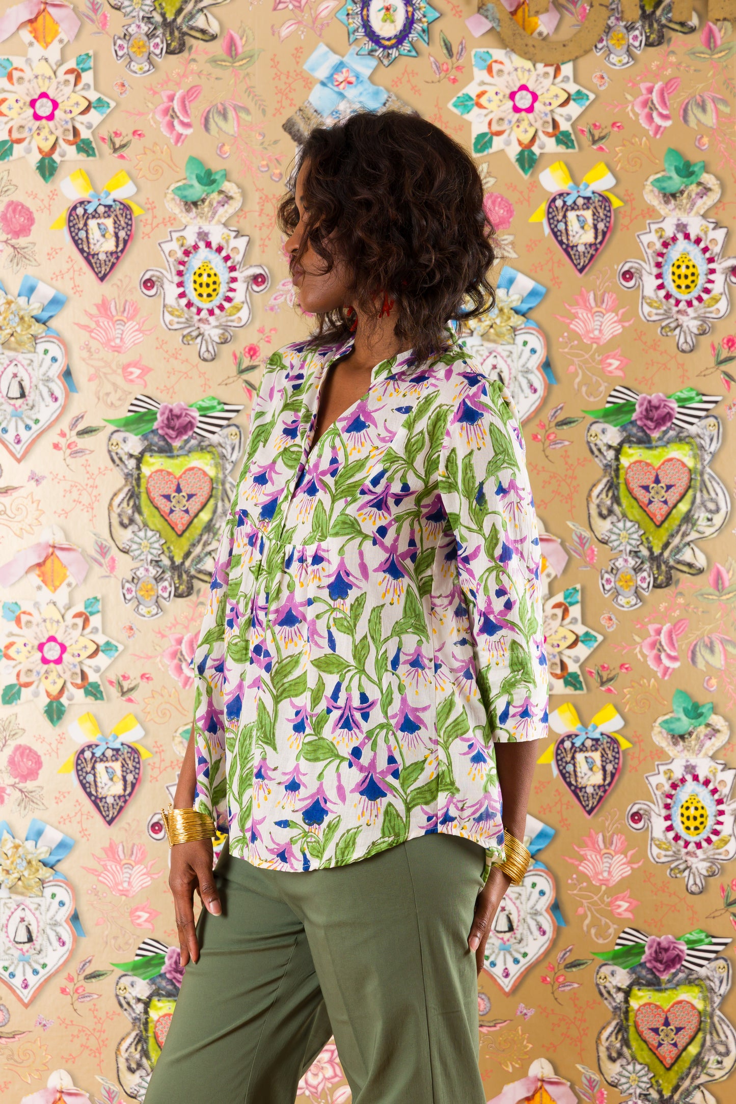 3-button shirt in Poppy Orange printed silk