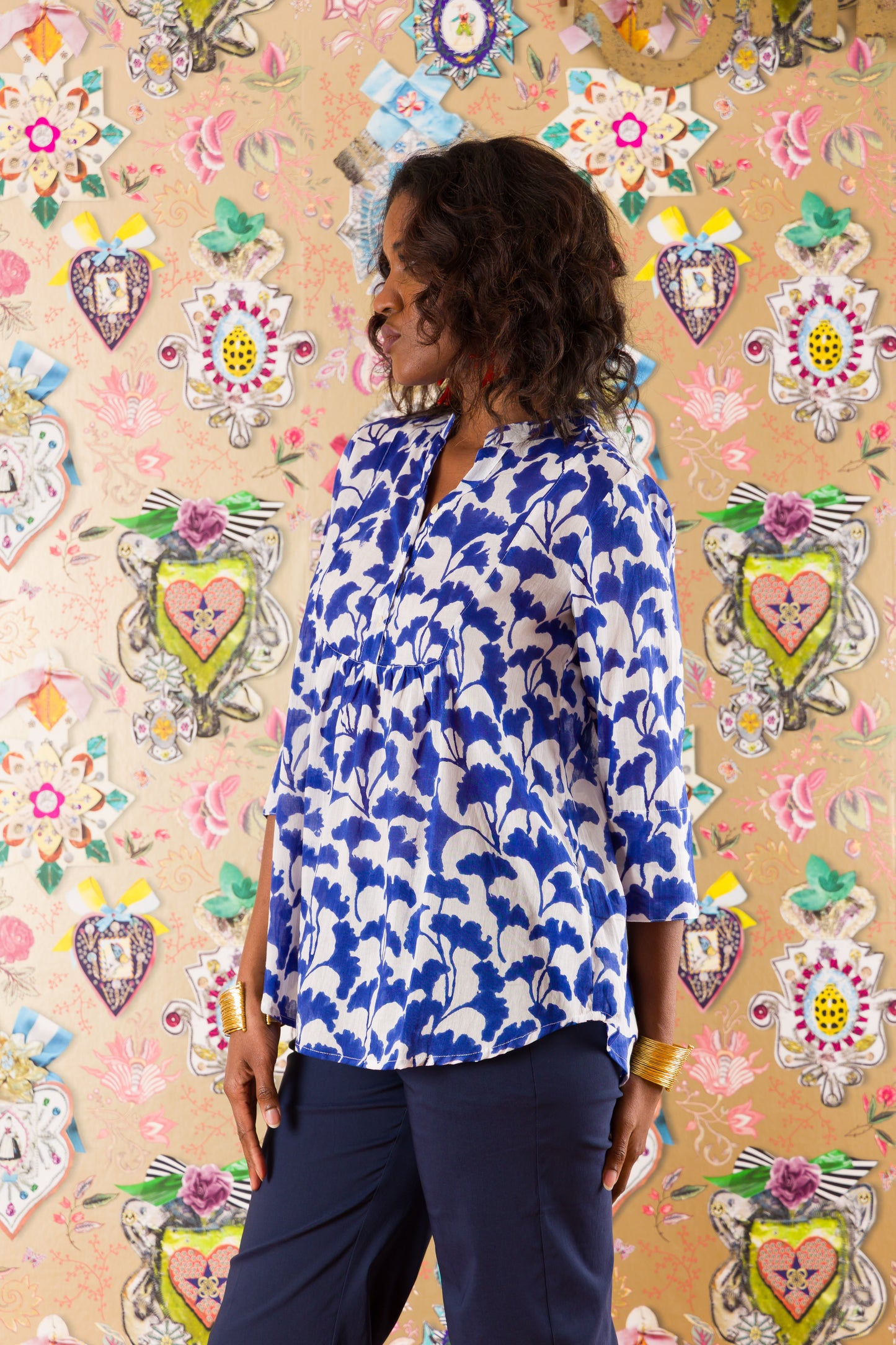 3-button shirt in Poppy Orange printed silk