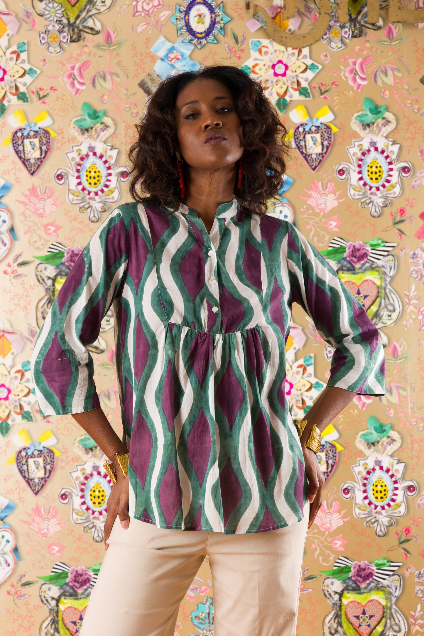 3-button shirt in Poppy Orange printed silk