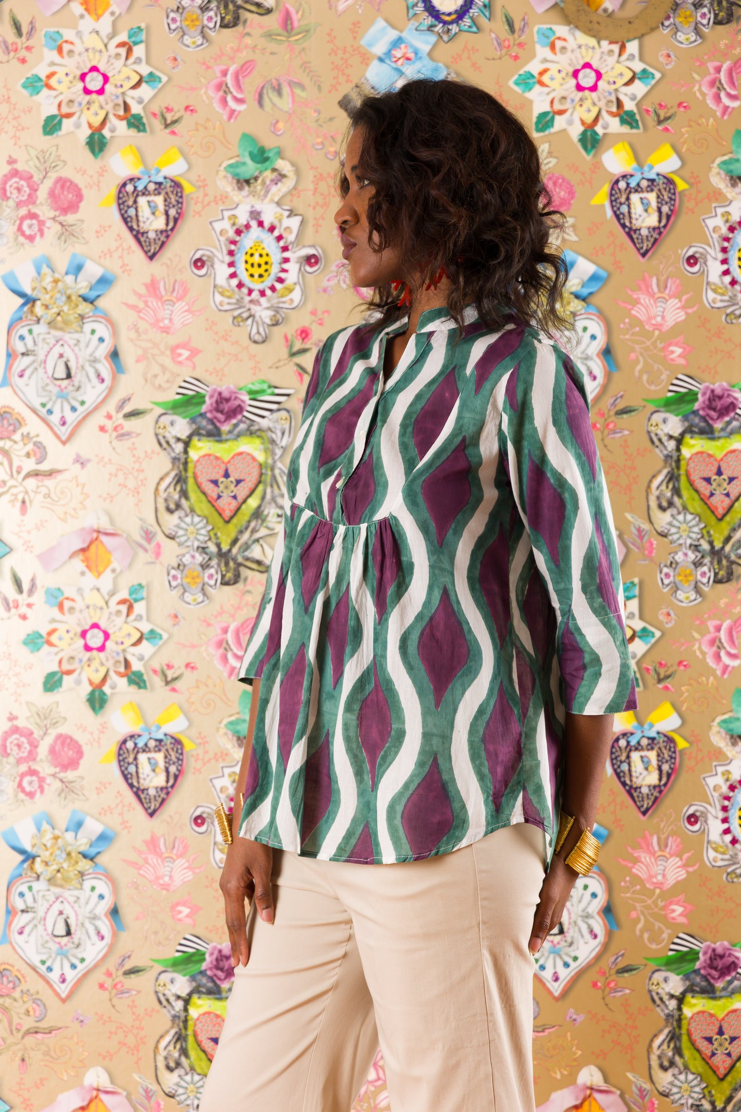 3-button shirt in Poppy Orange printed silk