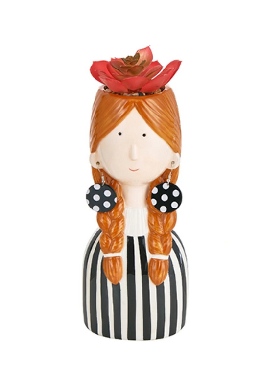 Girl Ceramic Vase with Braids, Earrings and Plant
