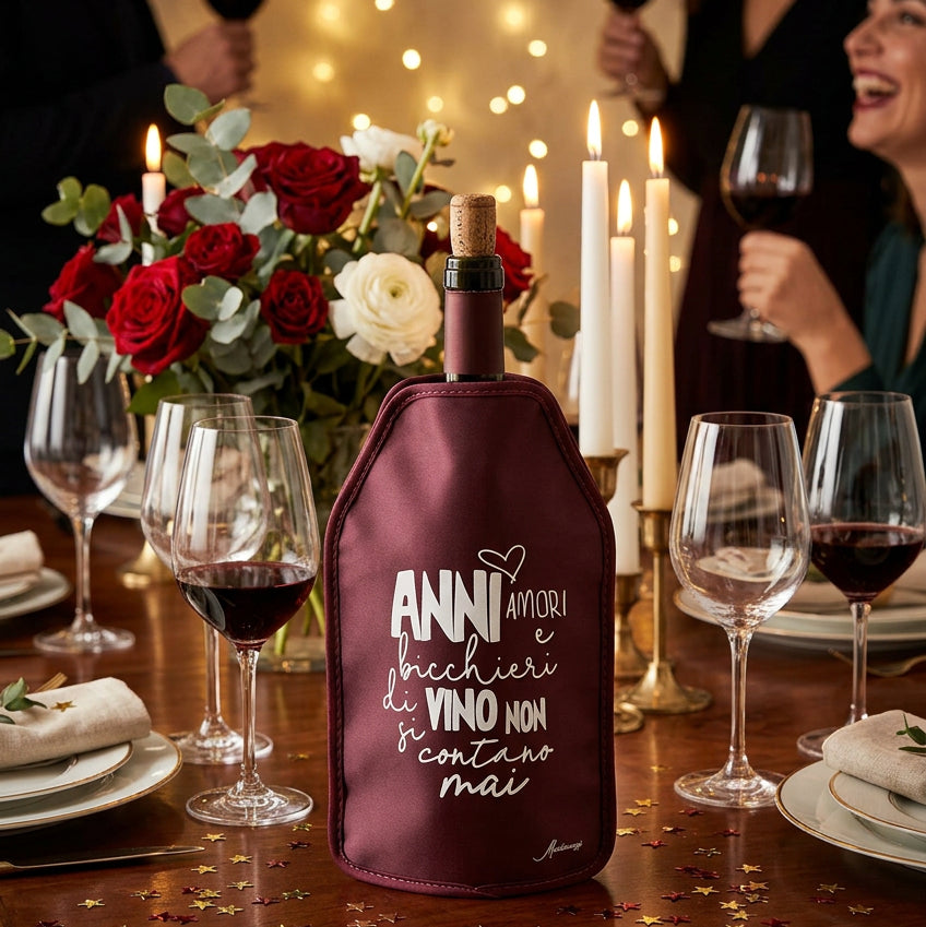 Glacette raffreddabottiglie bordeaux con frase “Anni, amori e bicchieri di vino non si contano mai”