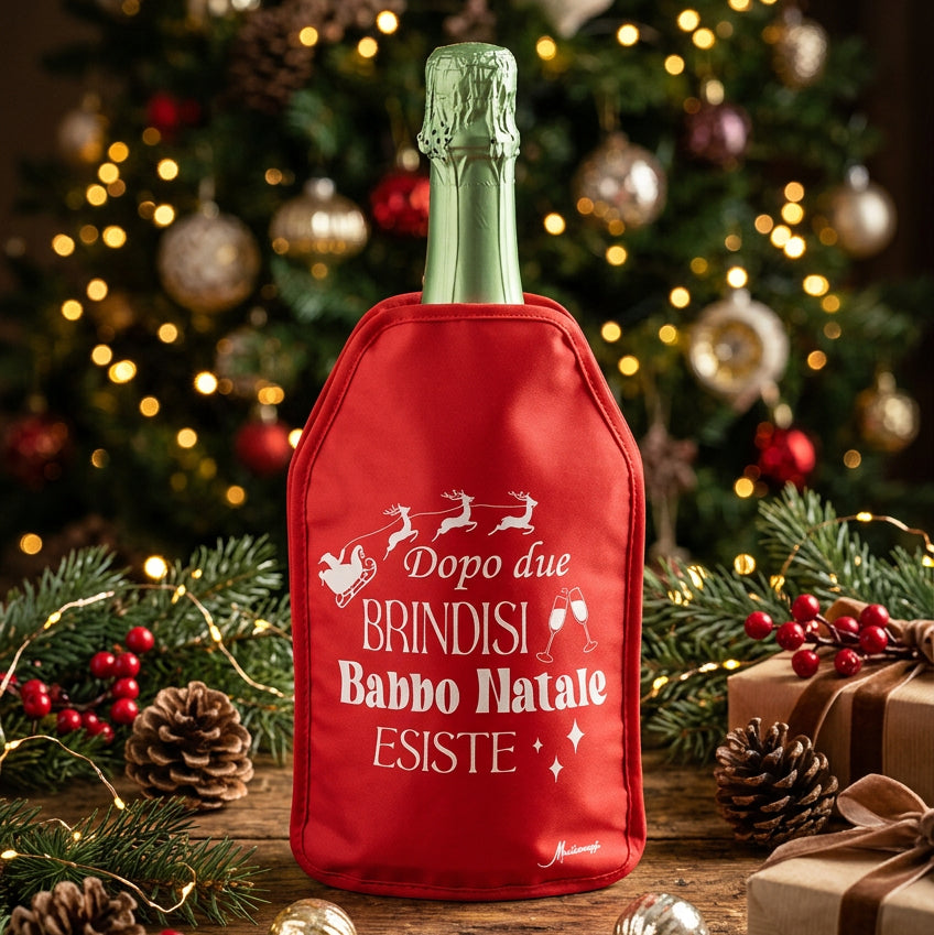 Glacette raffreddabottiglie rossa con frase “Dopo due brindisi Babbo Natale esiste”