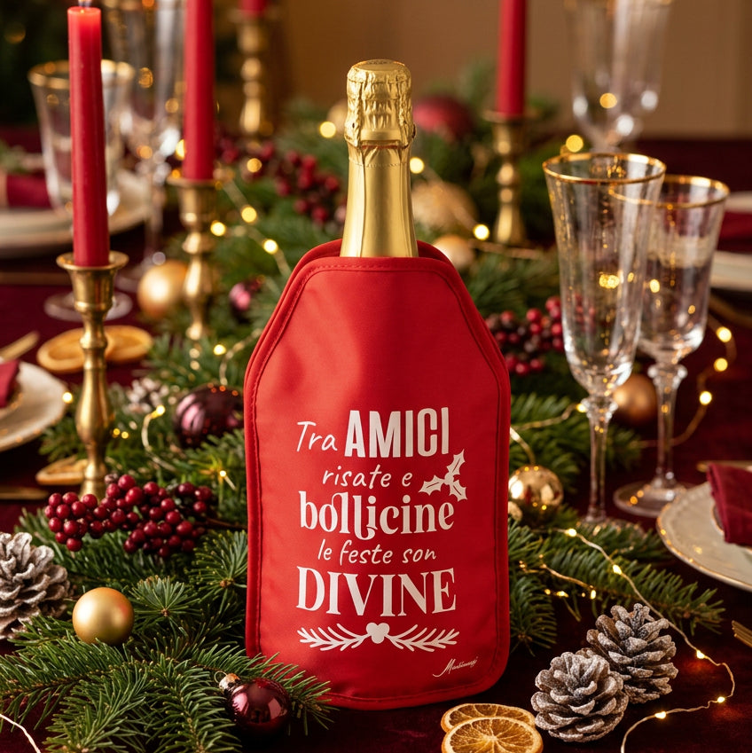 Glacette raffreddabottiglie rossa con frase “Tra amici, risate e bollicine le feste son divine”