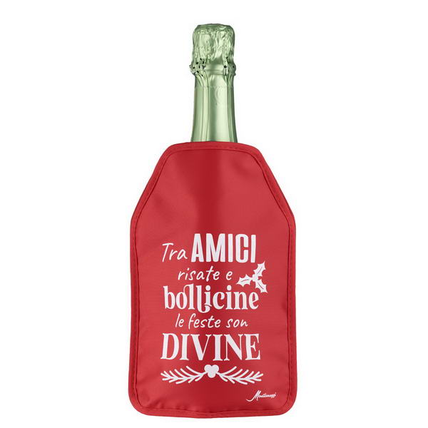 Glacette raffreddabottiglie rossa con frase “Tra amici, risate e bollicine le feste son divine”