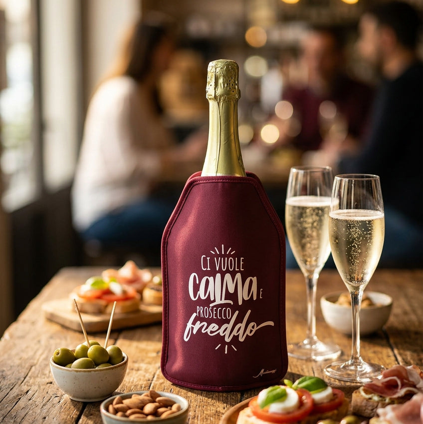 Glacette raffreddabottiglie bordeaux con frase “Ci vuole calma e prosecco freddo”
