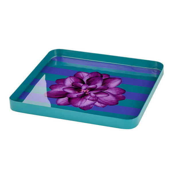 Vassoio quadrato in metallo laccato con fiore viola su fondo a righe viola e verde