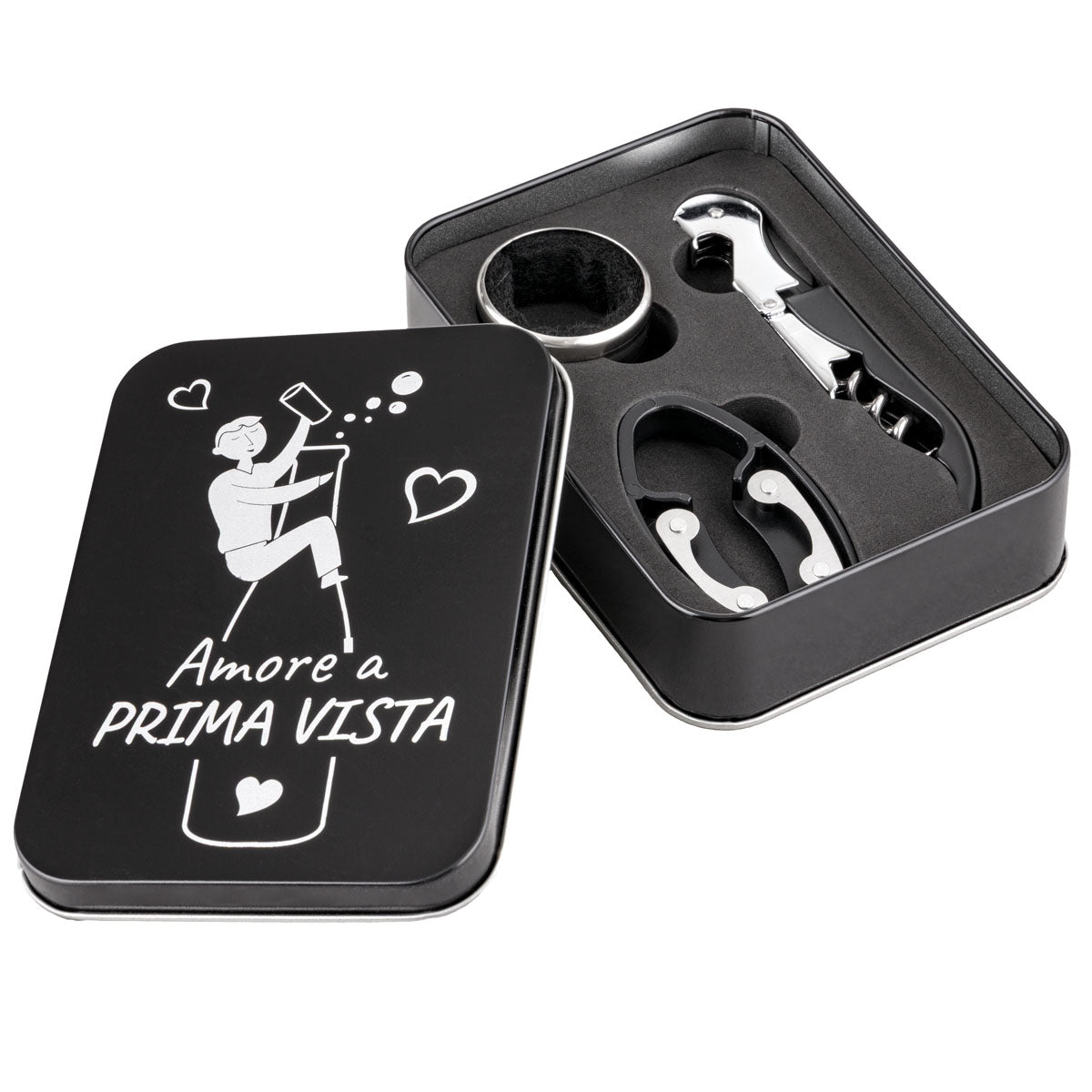 Set da vino in scatola di latta nera con frase “Amore a prima vista”
