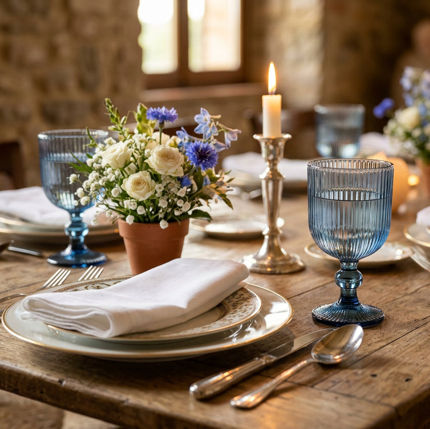 Set di 6 calici in vetro blu con decoro a righe in rilievo