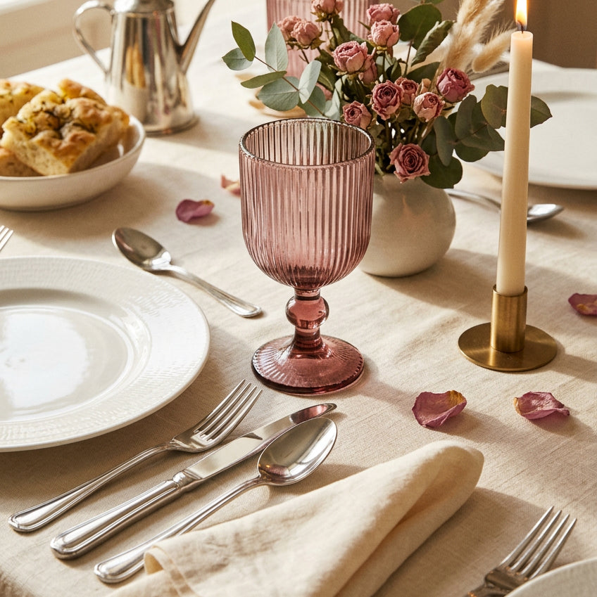 Set di 6 calici in vetro rosa antico con decoro a righe in rilievo