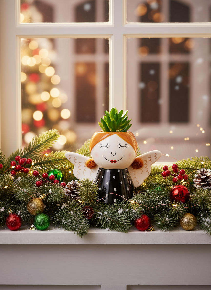 Vaso Angioletto Vestito Nero con Pois Bianchi